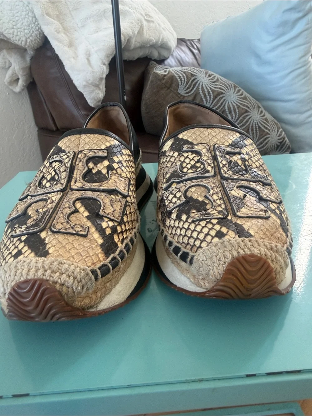 Tory Burch Beige and Black Snake-Print Slip-On Leather Espadrilles